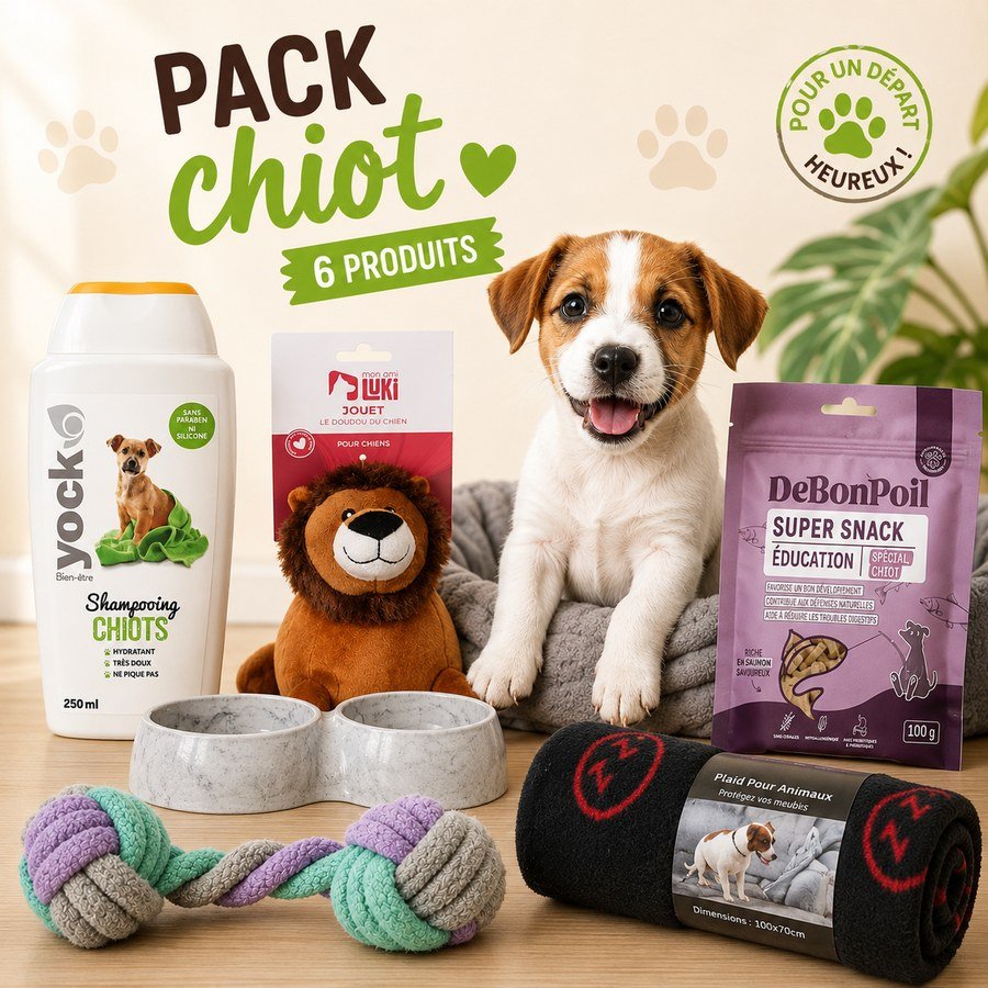 Auberpets puppy pack: double bowl, blanket, rope toy, plush toy, treats and puppy shampoo